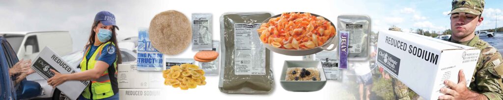 Volunteers distribute emergency food supplies. The center shows various packaged meals, including pasta and bread. On the right, a person in military uniform carries a box labeled Emergency Food Unit.