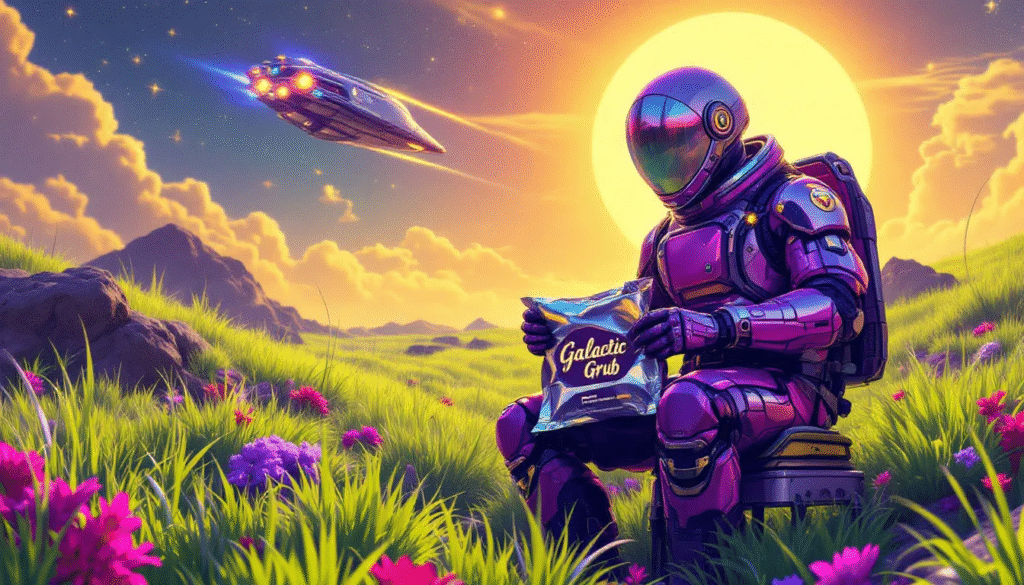 A purple-armored astronaut sits on grass with pink flowers, holding a bag labeled Galactic Grub. A spaceship flies in a vibrant sky with a large, bright sun in the background.